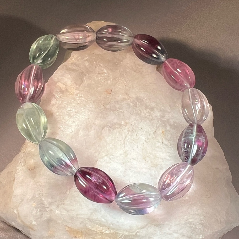 Natural Rainbow Fluorite Genuine Gemstone Carved Melon Beads Bracelet 10x14mm
